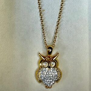 Vintage JCM Owl Pendant Necklace Pave Crystal Belly Eyes Gold Sterling Silver